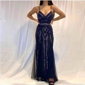 Marina Navy Blue Sequins Evening Gown